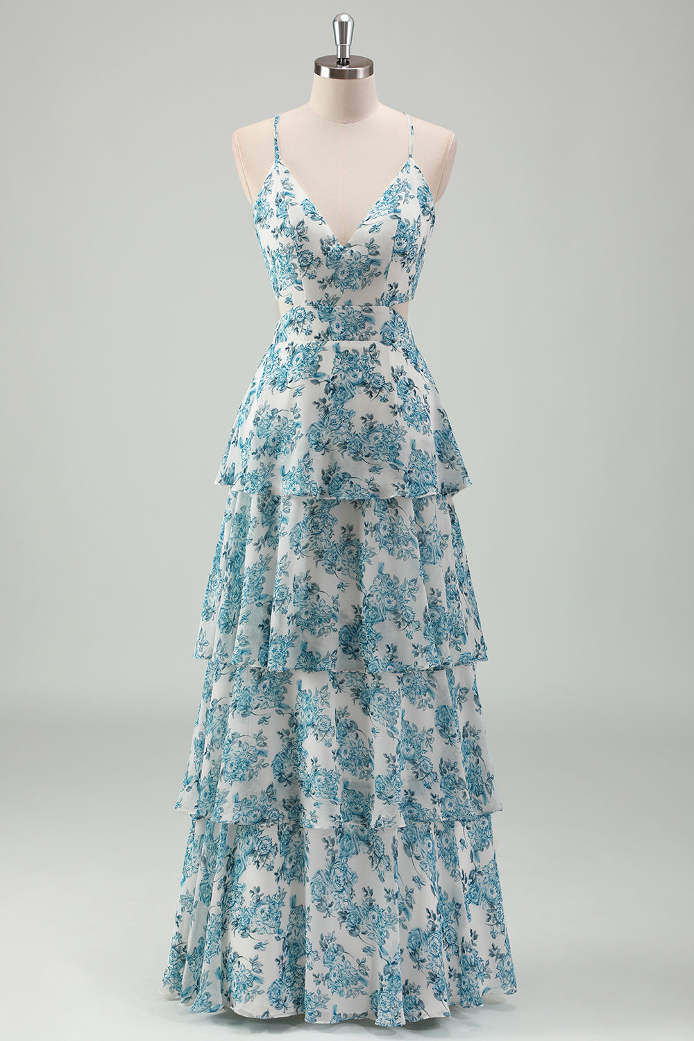 Sky Blue Cut Out Tiered Chiffon A-Line Bridesmaid Dress