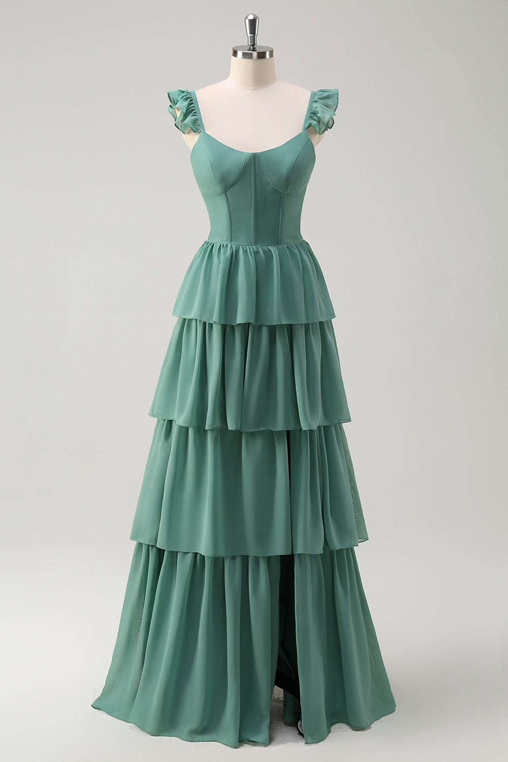 Eucalyptus Corset Tiered Chiffon A-Line Bridesmaid Dress