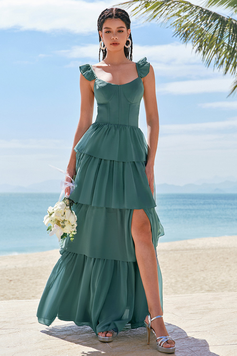 Eucalyptus Corset Tiered Chiffon A-Line Bridesmaid Dress