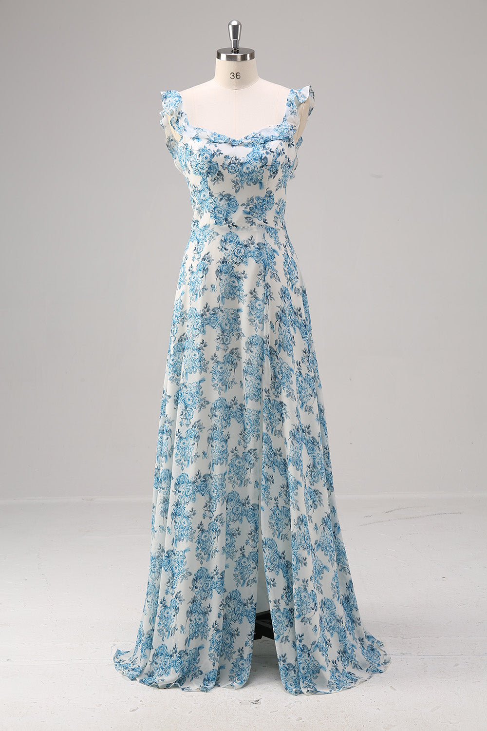 Leely Women White Blue Flower Bridesmaid Dress Backless A Line Square Neck Maxi Floral Wedding Guest Dress with Slit