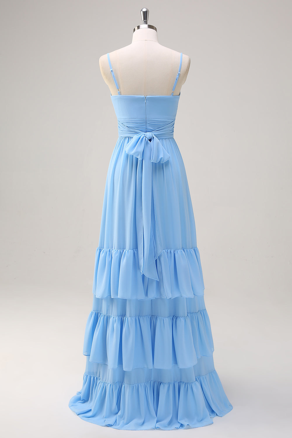 Blue V-Neck Chiffon A-Line Tiered Bridesmaid Dress with Bow