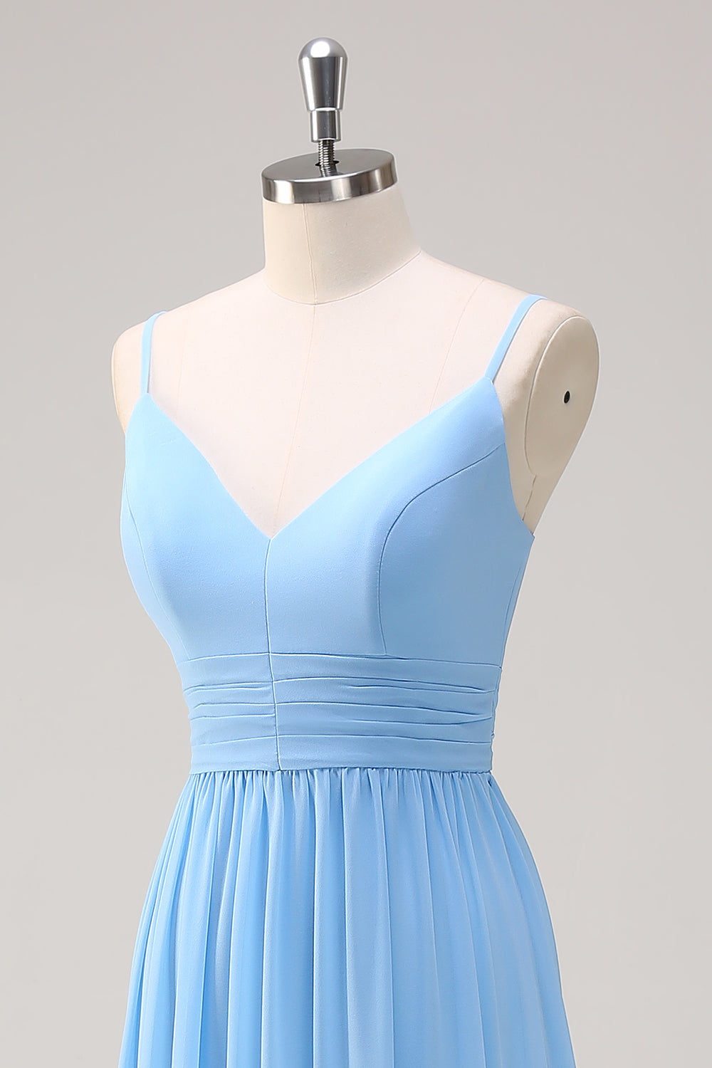 Blue V-Neck Chiffon A-Line Tiered Bridesmaid Dress with Bow