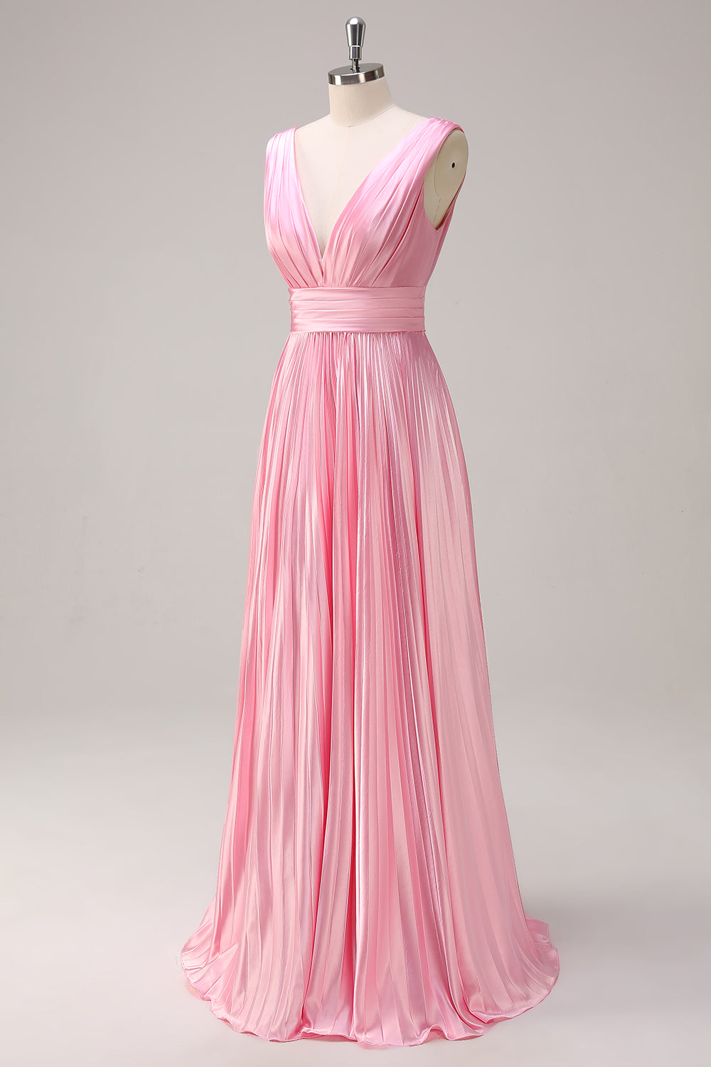 Pink Double V-Neck Pleated Satin A-Line Bridesmaid Dress