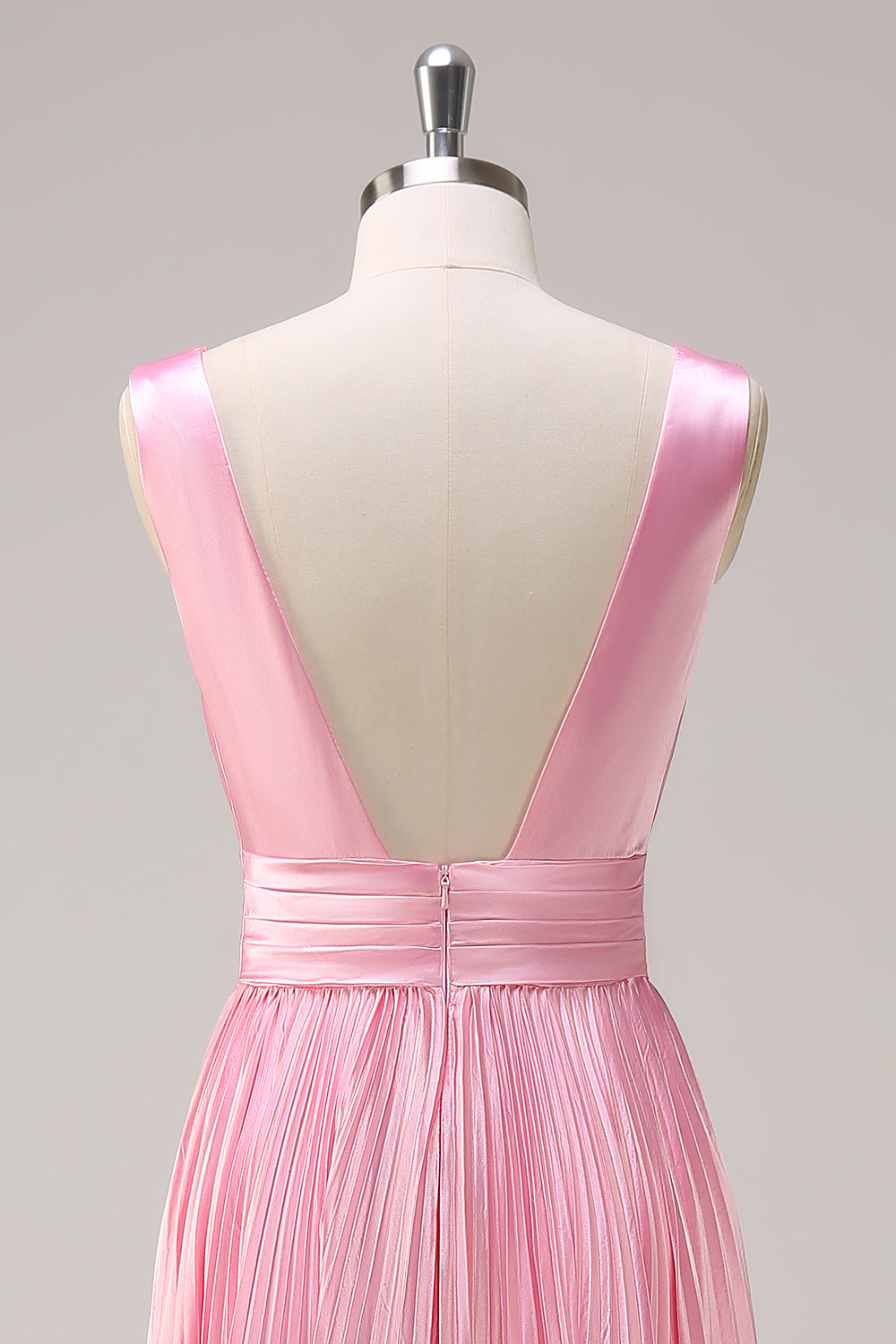 Pink Double V-Neck Pleated Satin A-Line Bridesmaid Dress