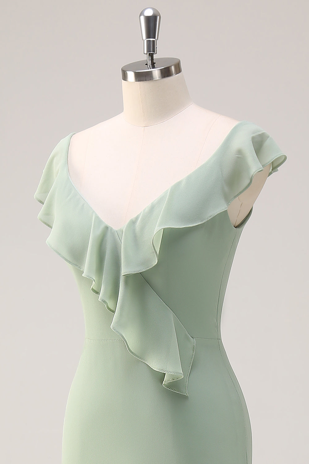 Dusty Sage V-Neck Mermaid Chiffon Bridesmaid Dress with Ruffles
