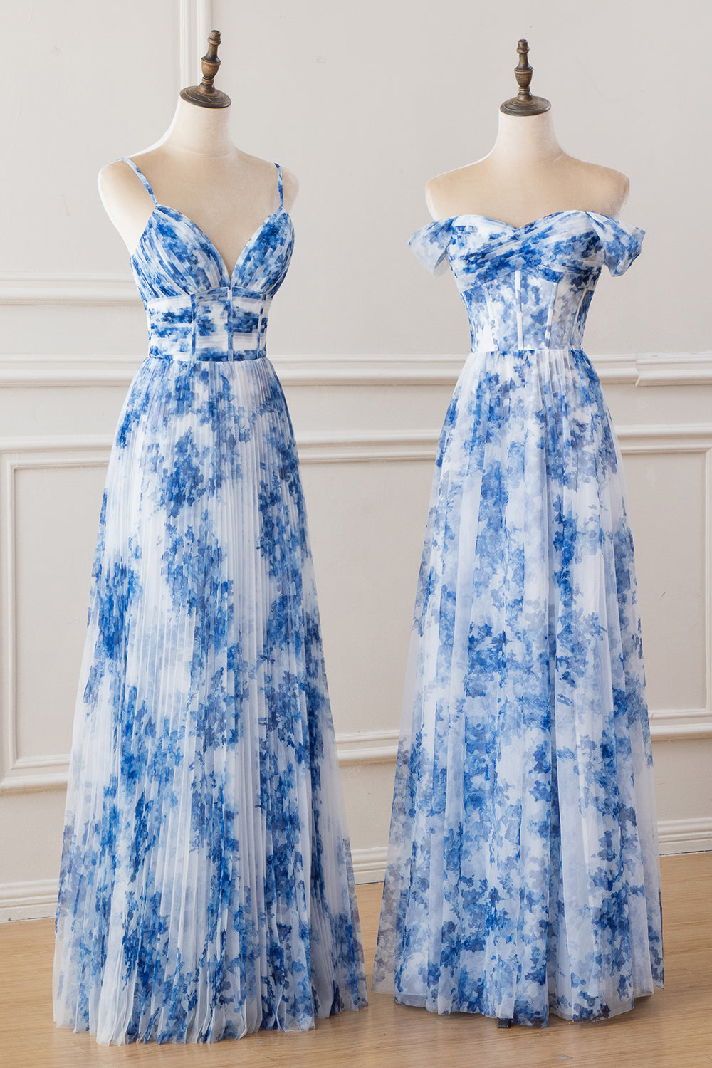 White Blue Flower Spaghetti Straps Pleated A-Line Bridesmaid Dress
