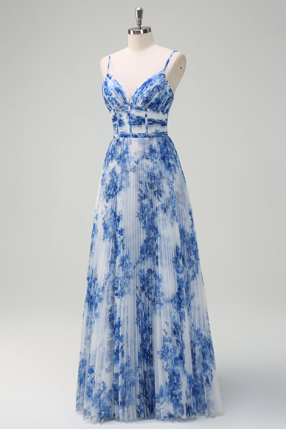 White Blue Flower Spaghetti Straps Pleated A-Line Bridesmaid Dress