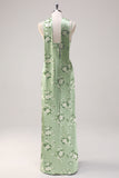 Satin Sheath Sage White Flower Scoop Neck Bridesmaid Dress with Slit