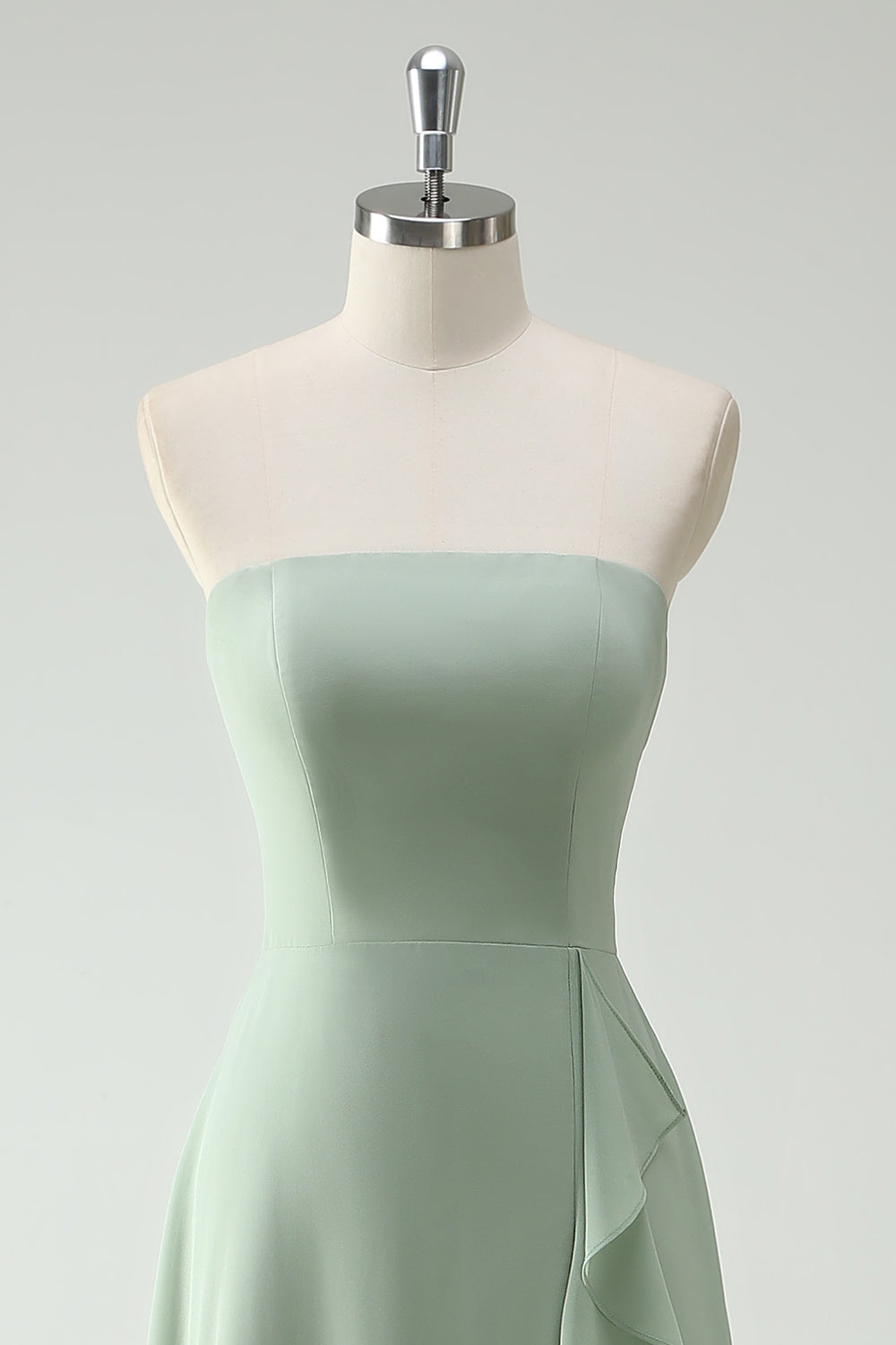 Strapless Dusty Sage Ruffled A-Line Bridesmaid Dress with Slit