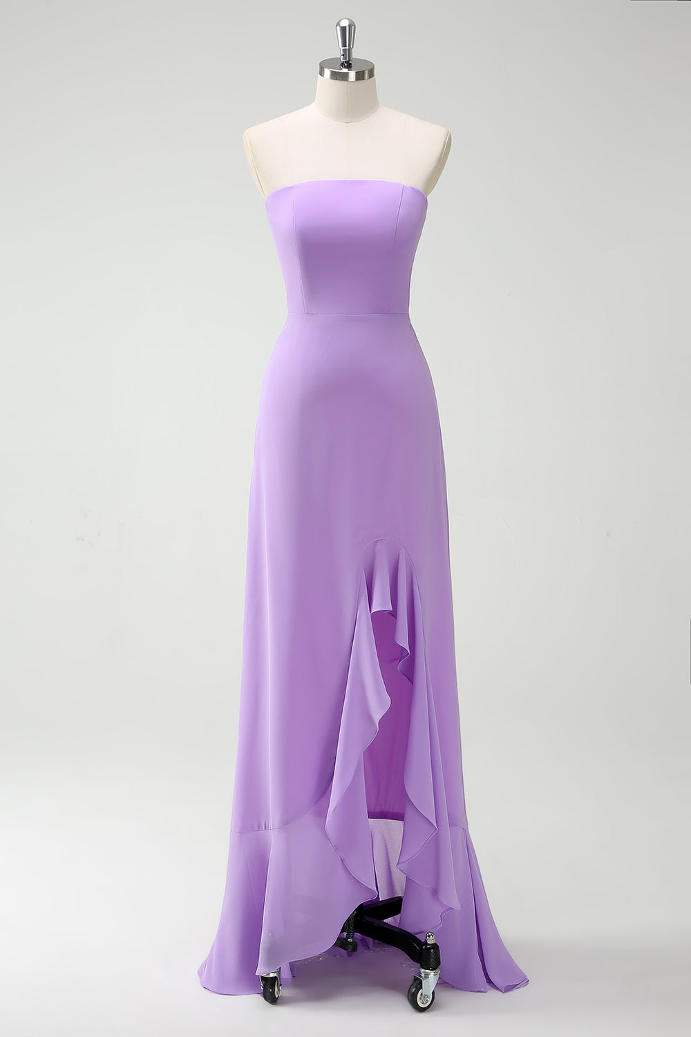 A-LIne Strapless Purple Bow Bridesmaid Dress with Slit