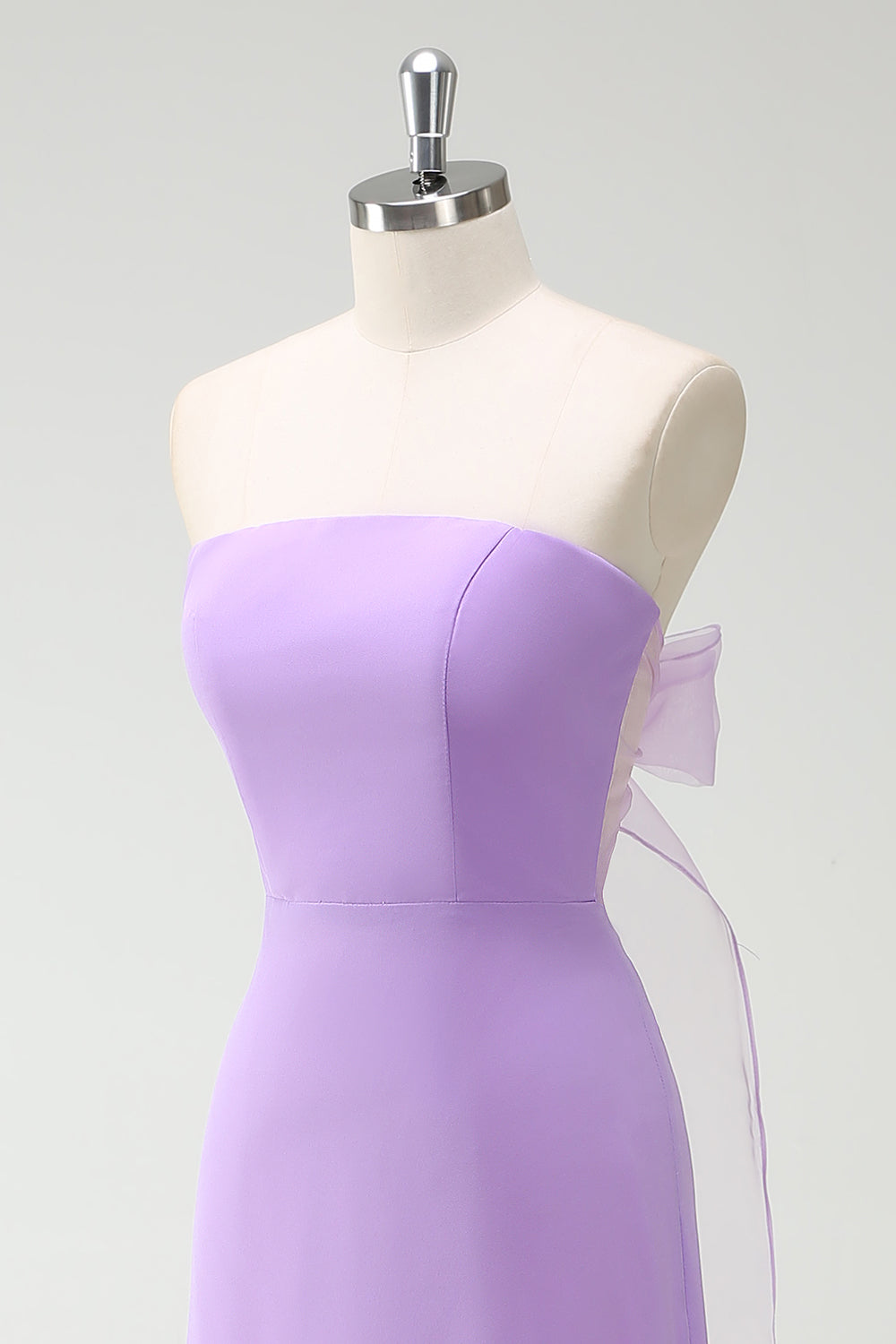 A-LIne Strapless Purple Bow Bridesmaid Dress with Slit