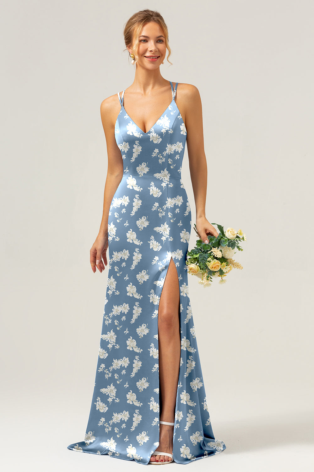 Sage White Flower Spaghetti Straps Mermaid Floral Bridesmaid Dress with Slit
