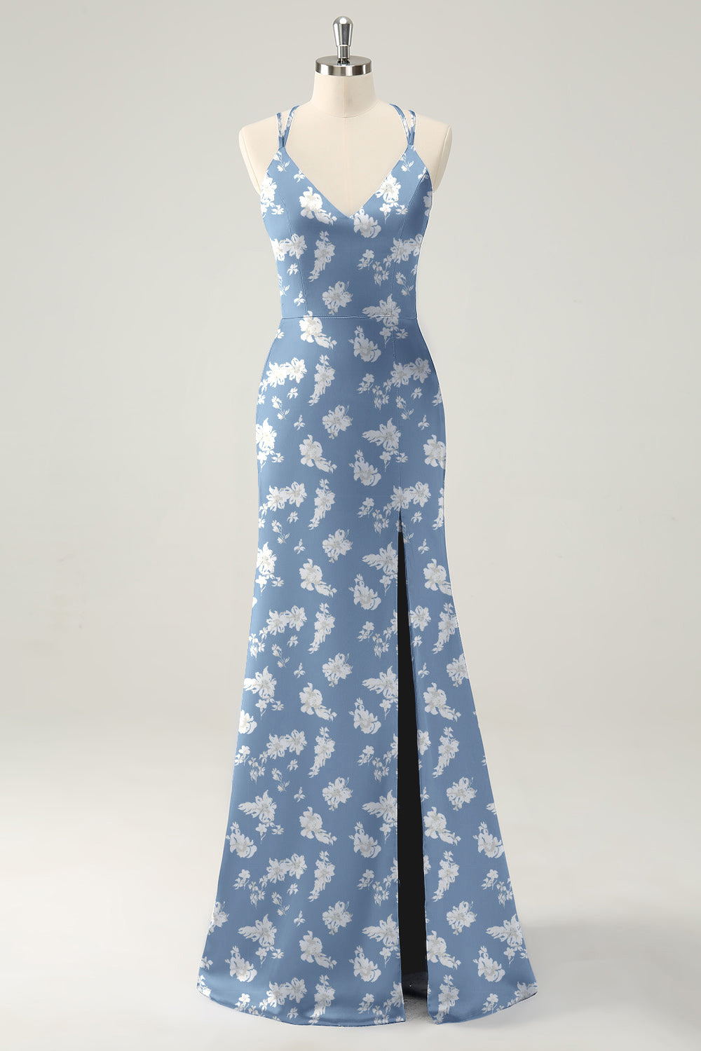 Sage White Flower Spaghetti Straps Mermaid Floral Bridesmaid Dress with Slit