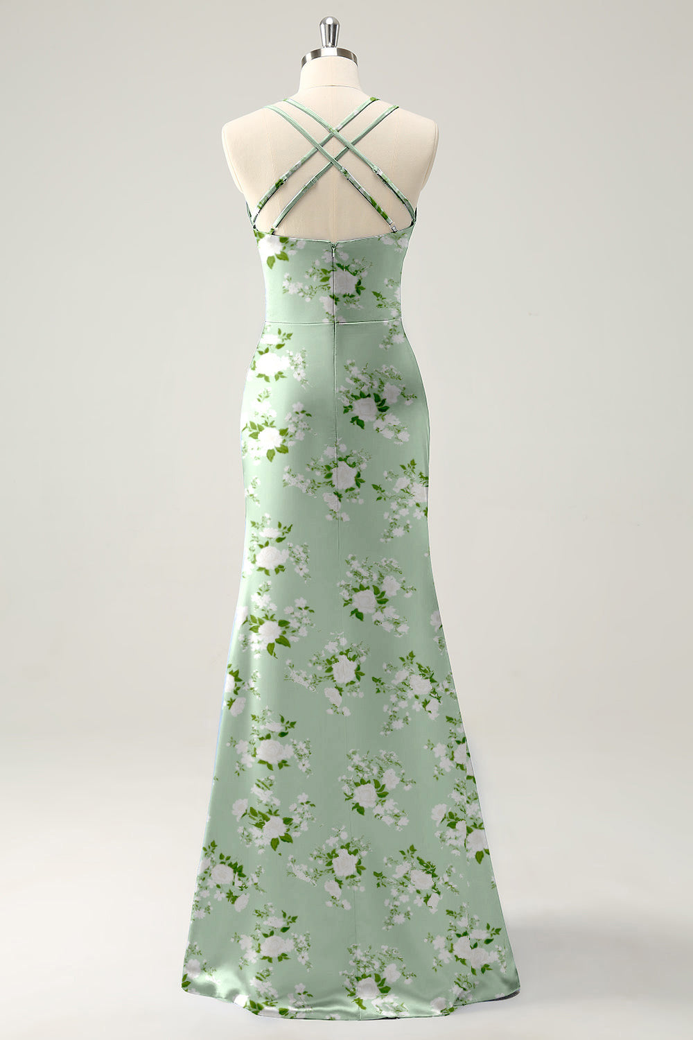 Sage White Flower Spaghetti Straps Mermaid Floral Bridesmaid Dress with Slit