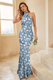 Navy Bloom Halter Mermaid Backless Satin Bridesmaid Dress