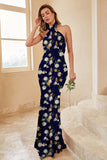 Navy Bloom Halter Mermaid Backless Satin Bridesmaid Dress