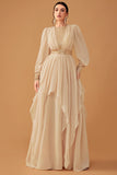 Champagne Long Sleeves A Line Prom Dress with Ruffles