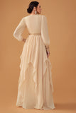 Champagne Long Sleeves A Line Prom Dress with Ruffles