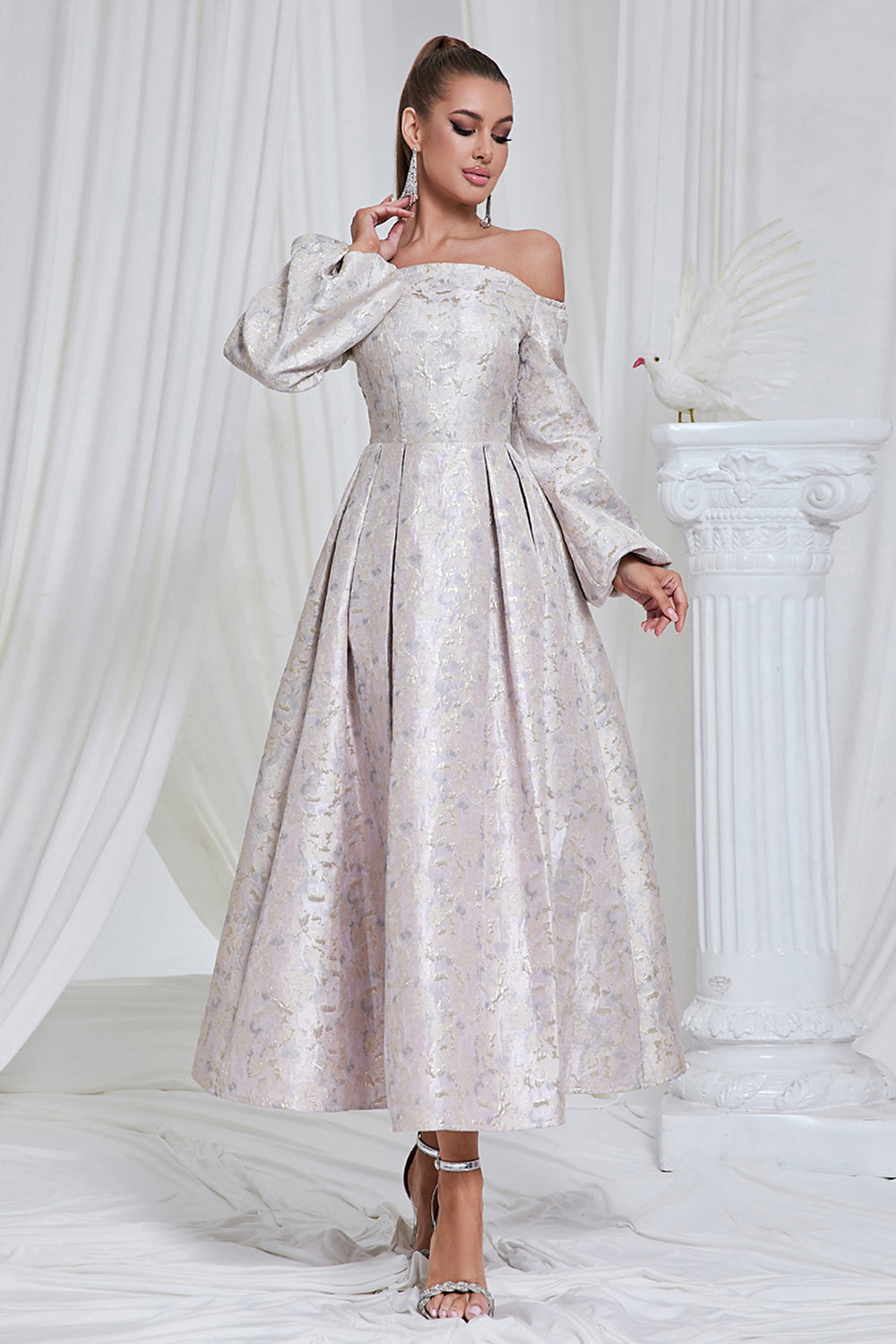Lilac A Line Pleated Long Prom Dress with Long Sleeves