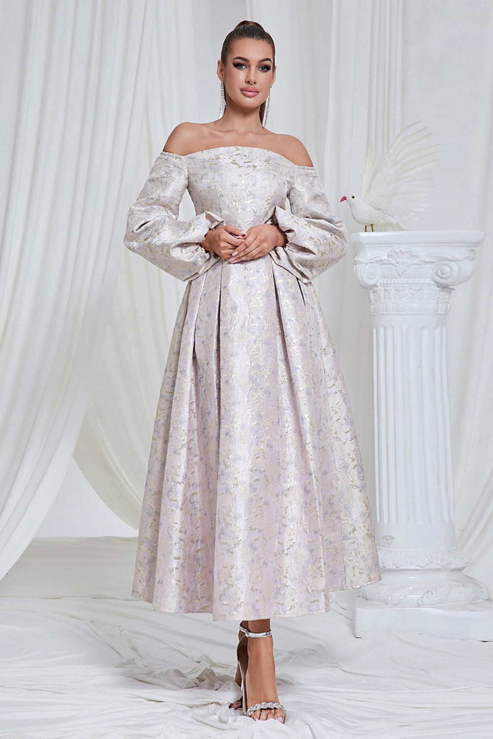 Lilac A Line Pleated Long Prom Dress with Long Sleeves