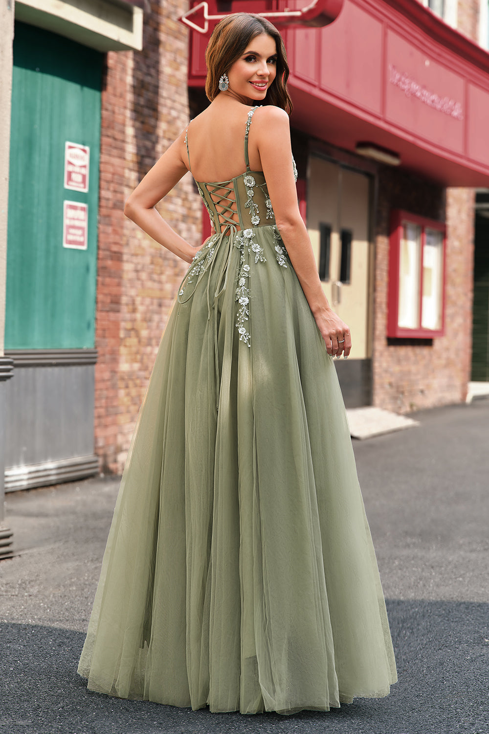 Green Corset Applique A-Line Prom Dress with Sequins