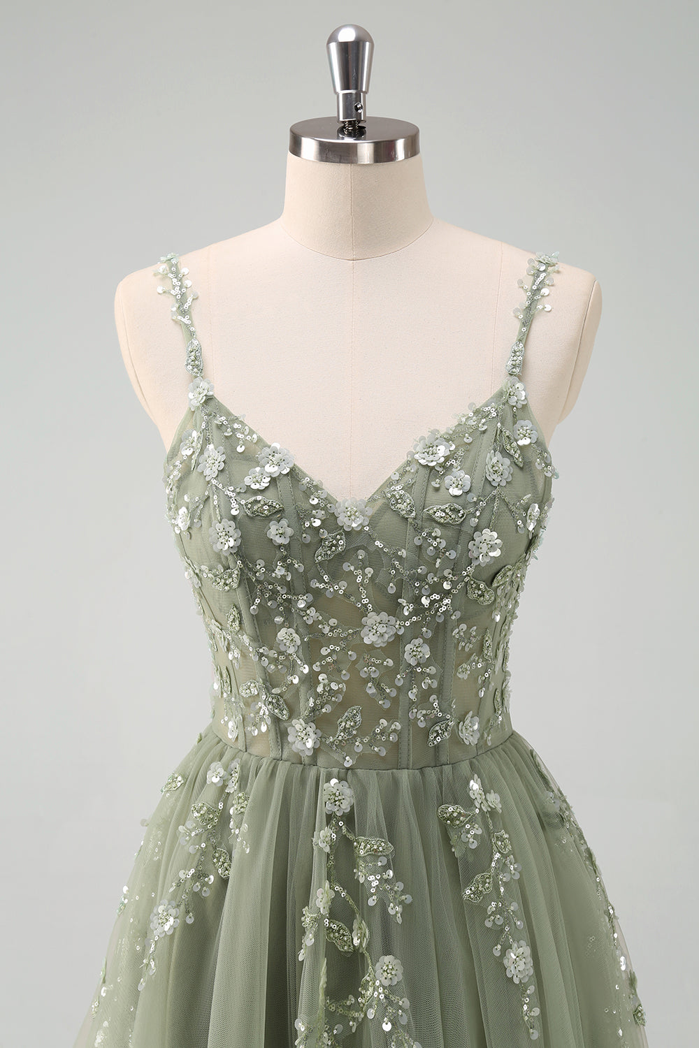 Green Spaghetti Straps Applique A-Line Prom Dress with Sequins
