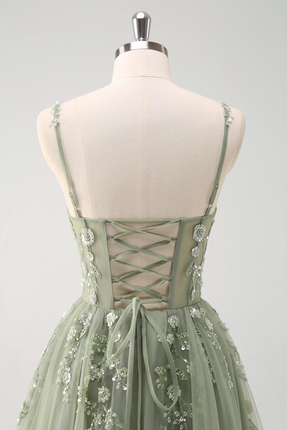 Green Spaghetti Straps Applique A-Line Prom Dress with Sequins