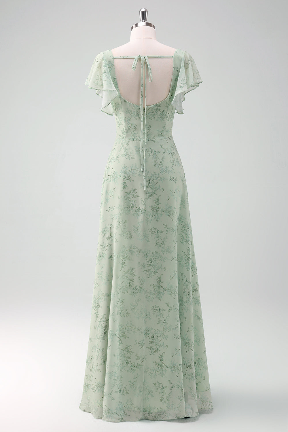 Dusty Sage Ruffled Floral Bridesmaid Dress with Slit