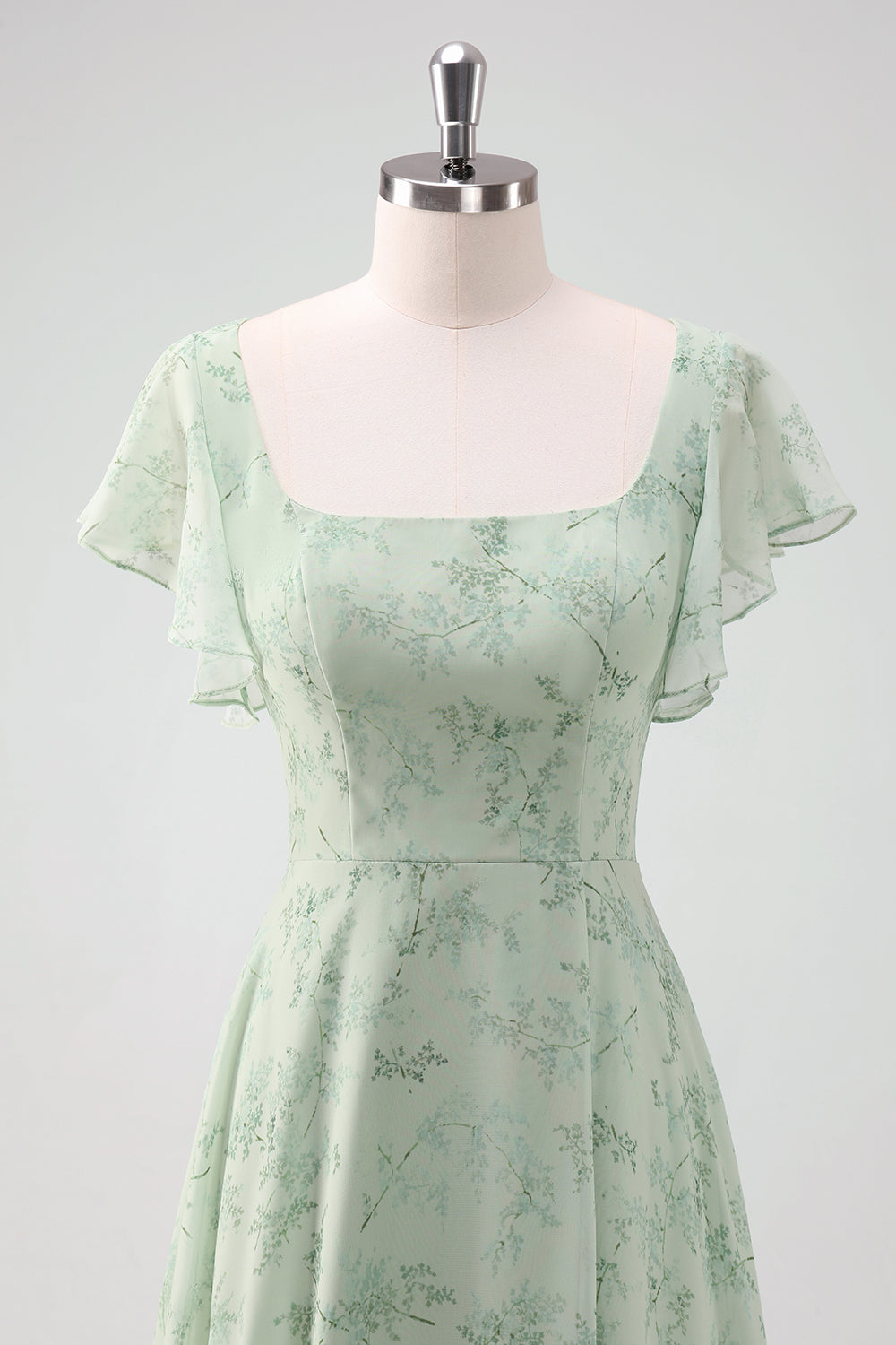Dusty Sage Ruffled Floral Bridesmaid Dress with Slit