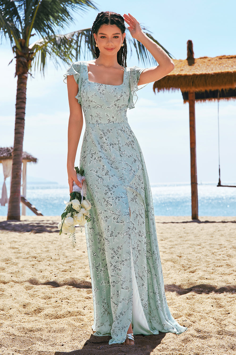 Dusty Sage Ruffled Floral Bridesmaid Dress with Slit
