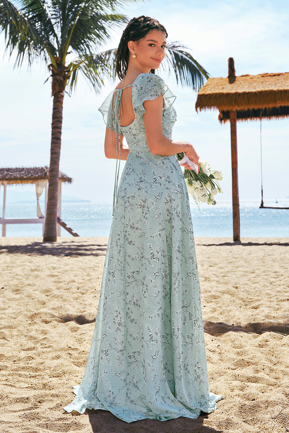 Dusty Sage Ruffled Floral Bridesmaid Dress with Slit