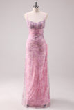 Pink Floral Spaghetti Straps Sheath Prom Dress with Criss Cross Back