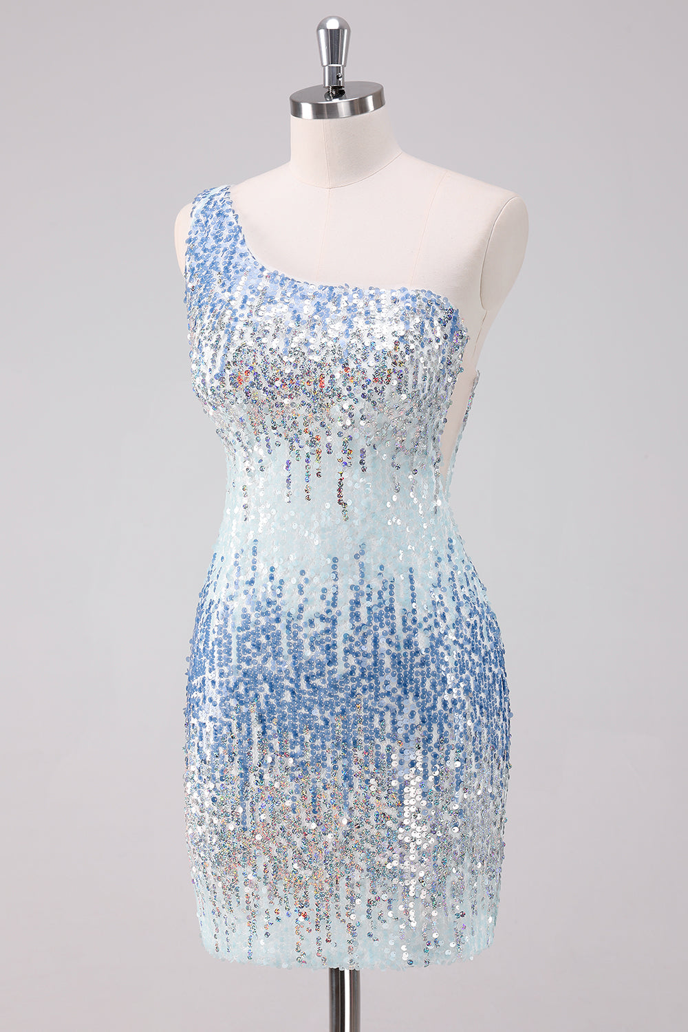 Sparkly Light Blue One Shoulder Sequins Bodycon Short Prom Dress