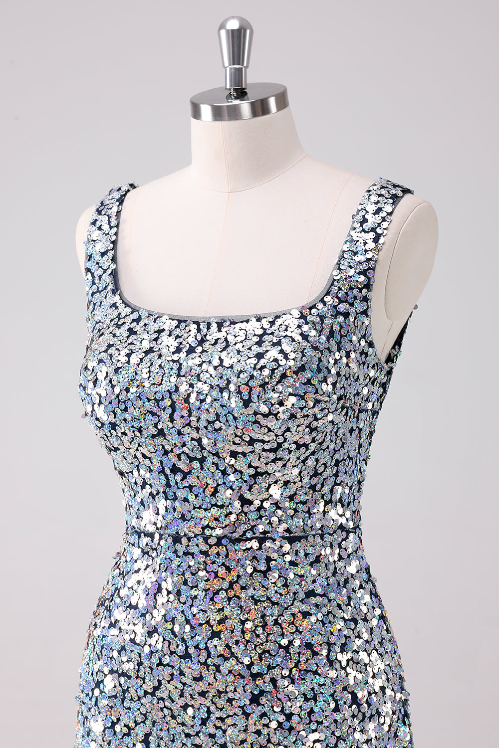 Sparkly Silver Square Neck Bodycon Short Prom Dress with Slit