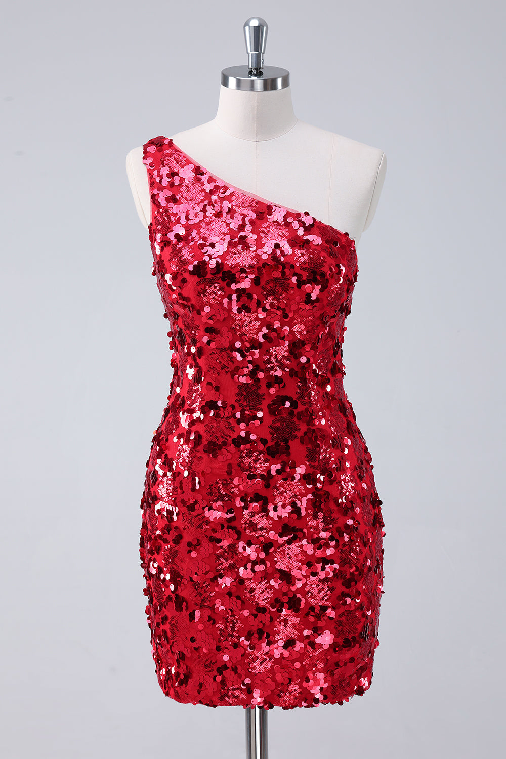 Stylish Red One Shoulder Tight Short Prom Dress with Sequins