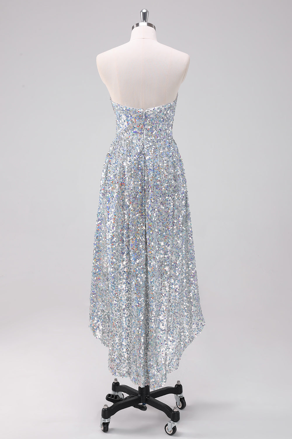 Sparkly Silver Strapless Asymmetric High-low Prom Dress with Sequins