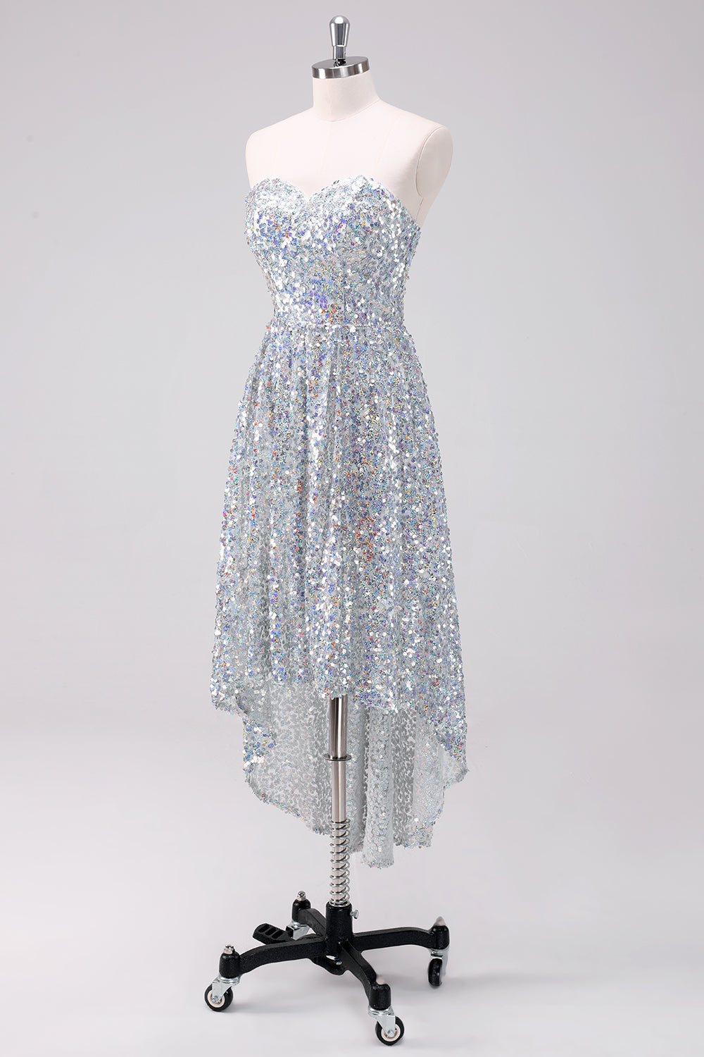 Sparkly Silver Strapless Asymmetric High-low Prom Dress with Sequins