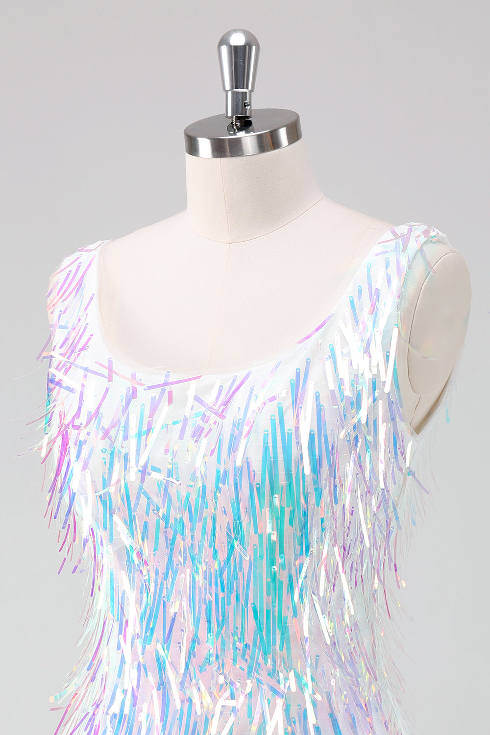 Sparkly White Scoop Neck Tight Short Prom Dress with Tassels