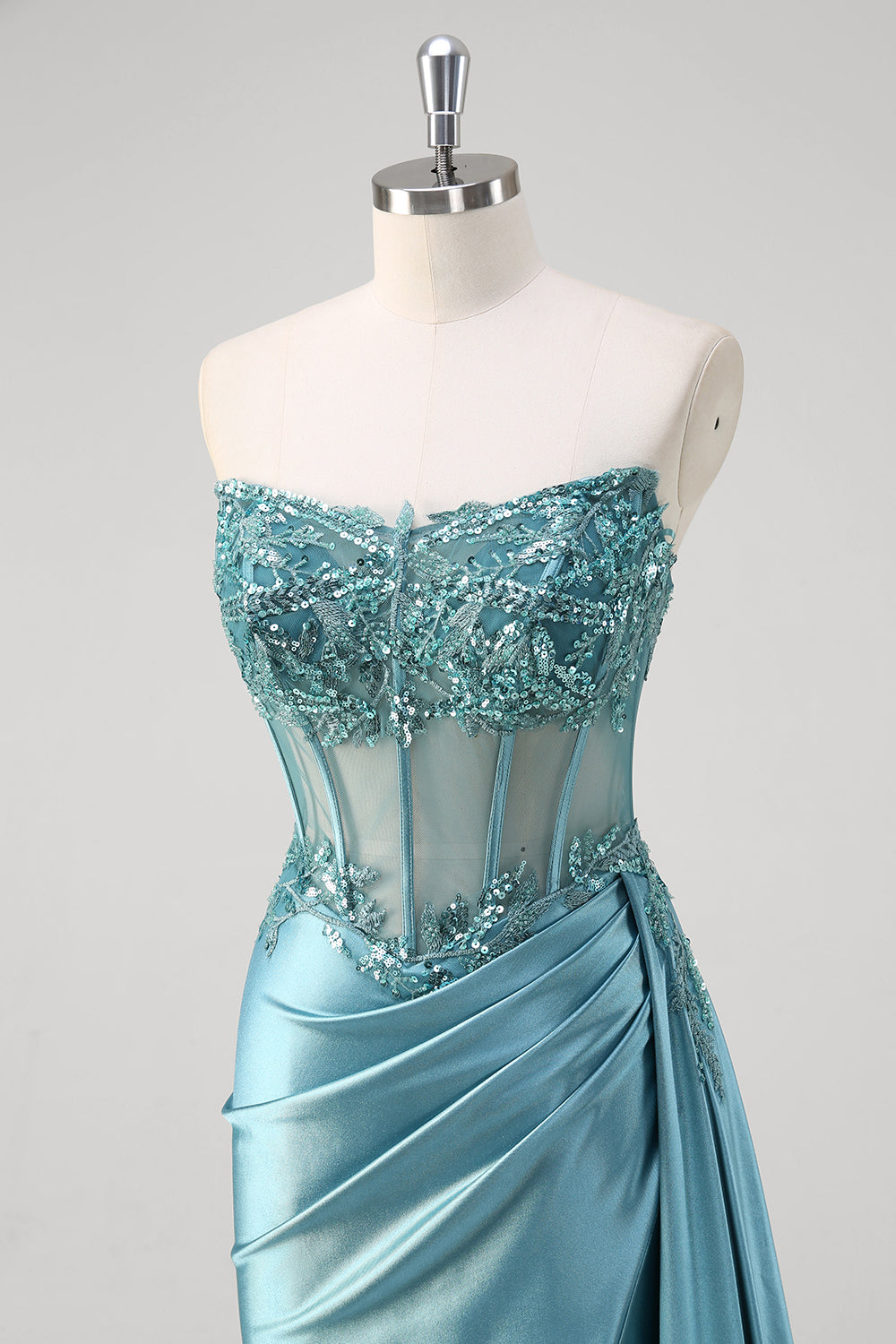 Grey Blue Strapless Sequined Satin Prom Dress with Slit