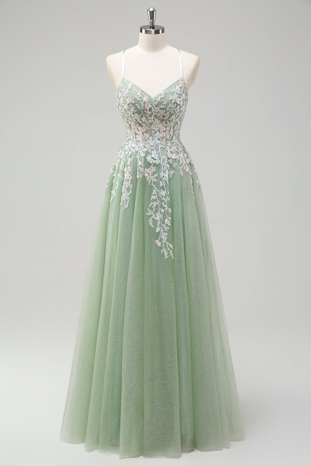Sage Spaghetti Straps Corset Applique Tulle A Line Prom Dress