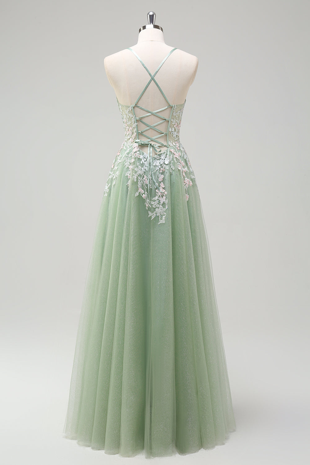 Sage Spaghetti Straps Corset Applique Tulle A Line Prom Dress