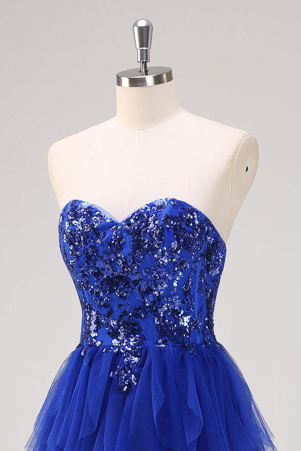 Royal Blue Strapless Sweetheart Ruffled Tulle Prom Dress with Sequins