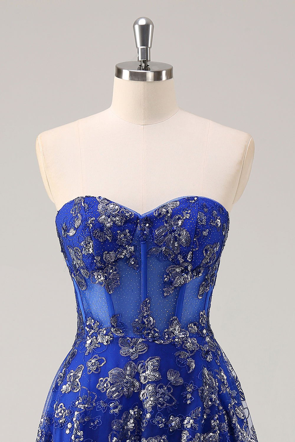 Royal Blue Strapless Sequined A-Line Prom Dress with Slit