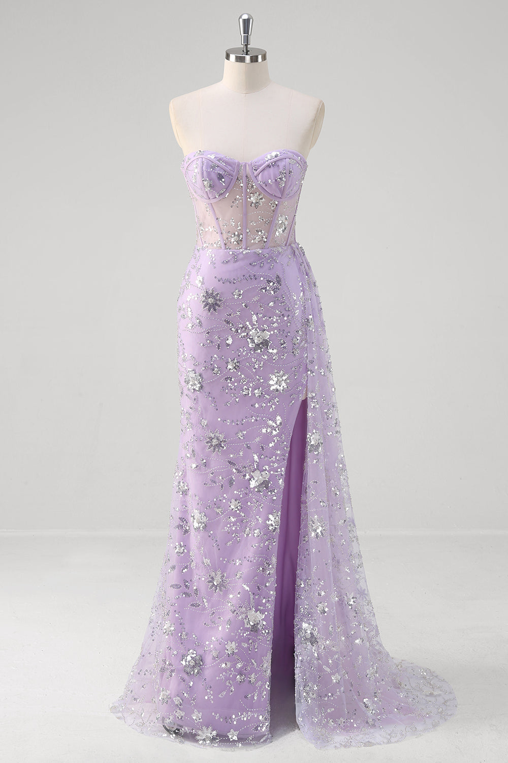 Light Purple Strapless Corset Sequined Mermaid Prom Dress with Slit