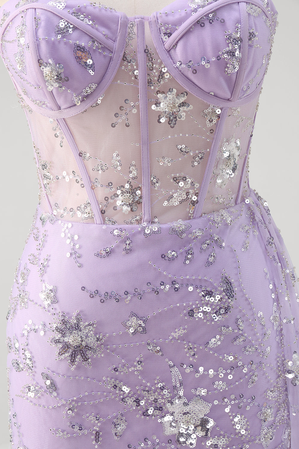 Light Purple Strapless Corset Sequined Mermaid Prom Dress with Slit