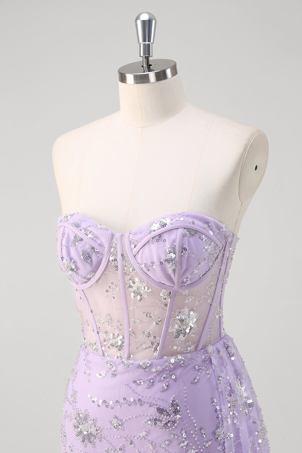 Light Purple Strapless Corset Sequined Mermaid Prom Dress with Slit