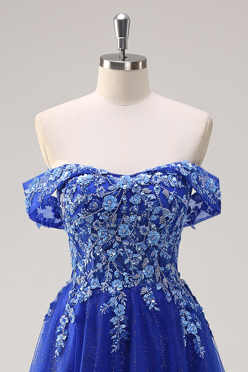 Glitter Royal Blue Off the Shoulder Applique Tulle A-Line Prom Dress