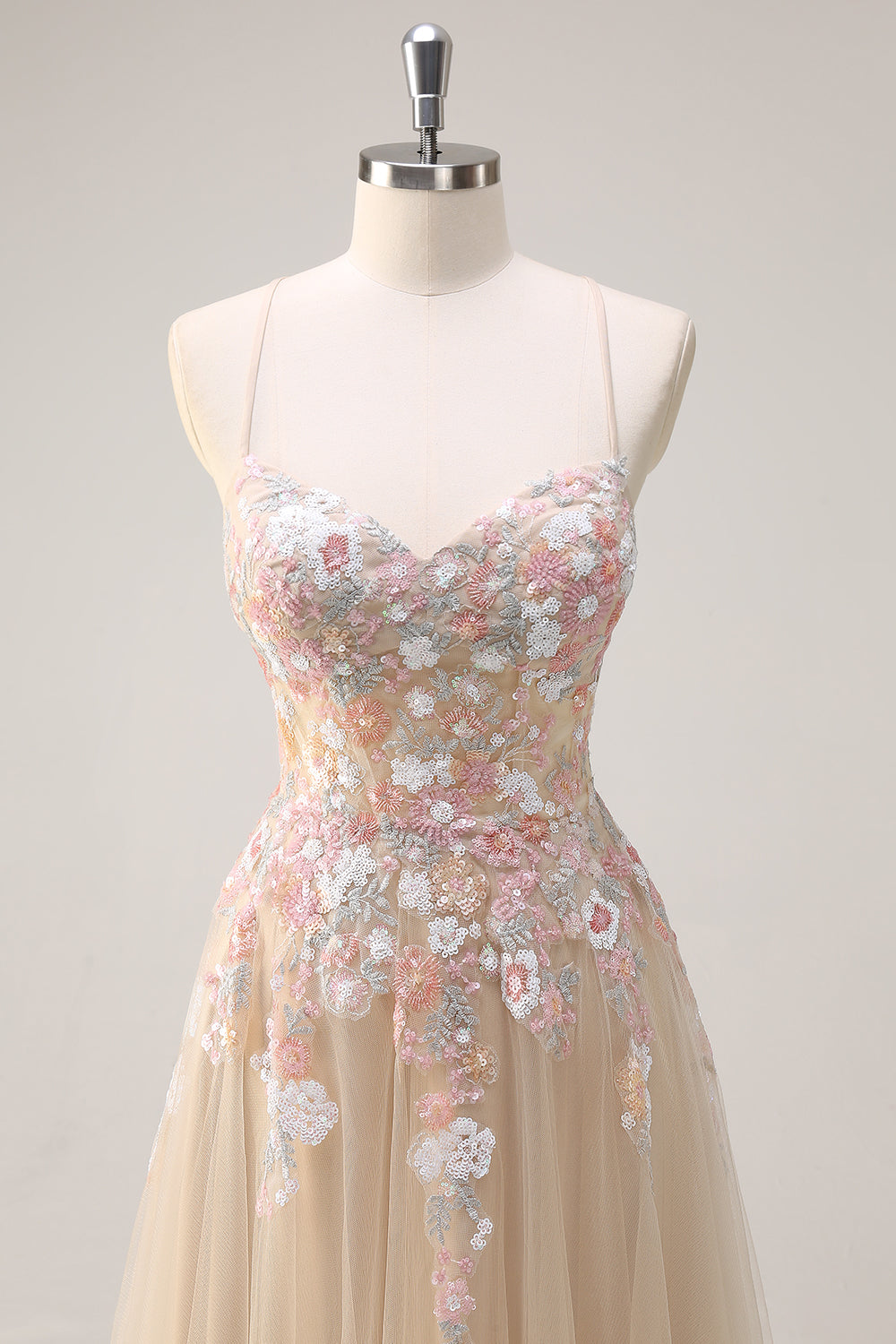 Champagne Applique Tulle A-Line Prom Dress with Sequins