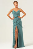 Eucalyptus Spaghetti Straps Ruffled Sheath Chiffon Bridesmaid Dress