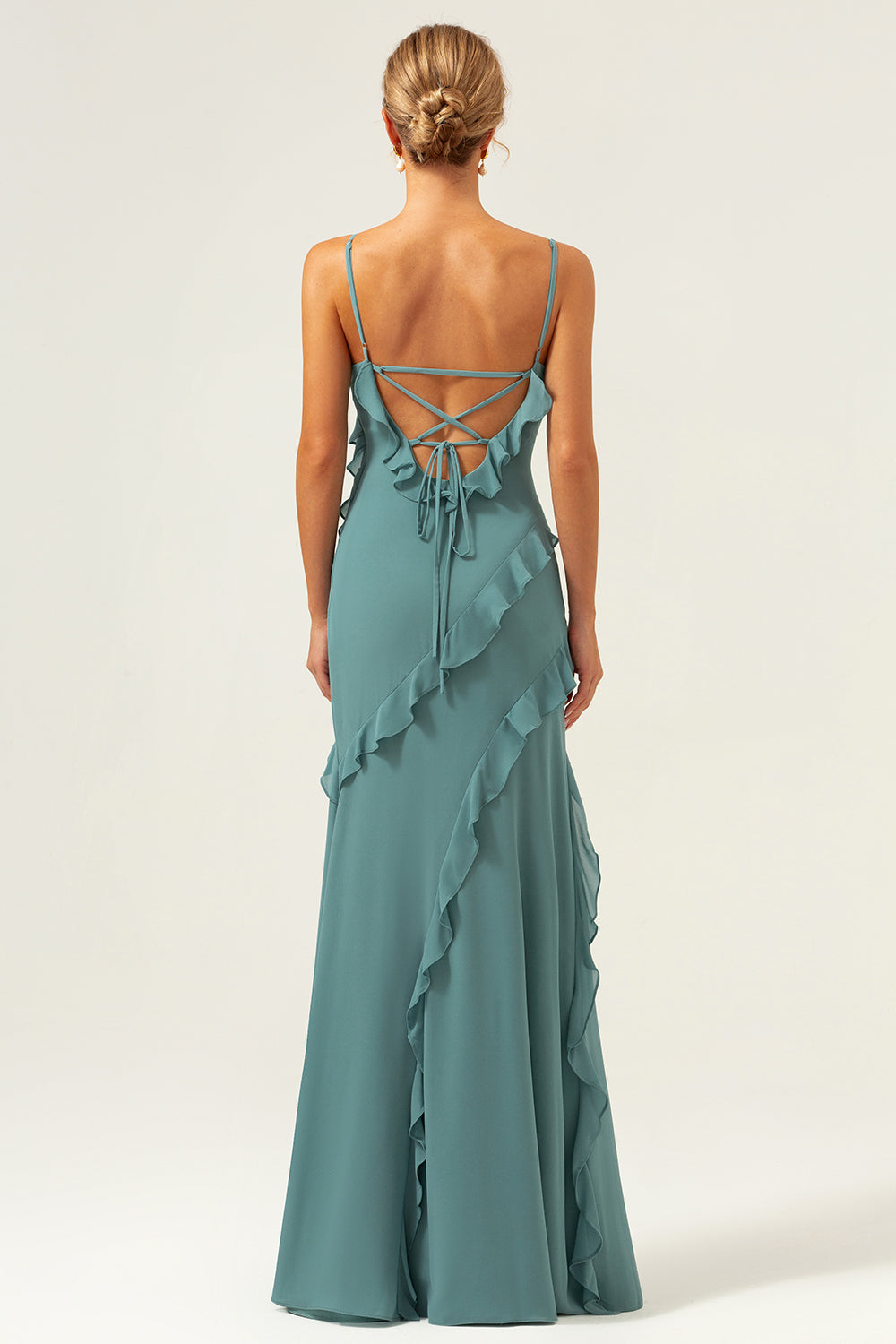 Eucalyptus Spaghetti Straps Ruffled Sheath Chiffon Bridesmaid Dress